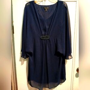 Long bell sleeve navy blue A Line dress.